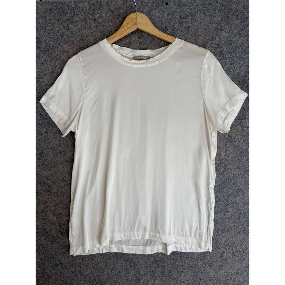 LA DEA 100% Silk Short Sleeve Top Womens Cream Ivory Crew Neck Minimalist Tee